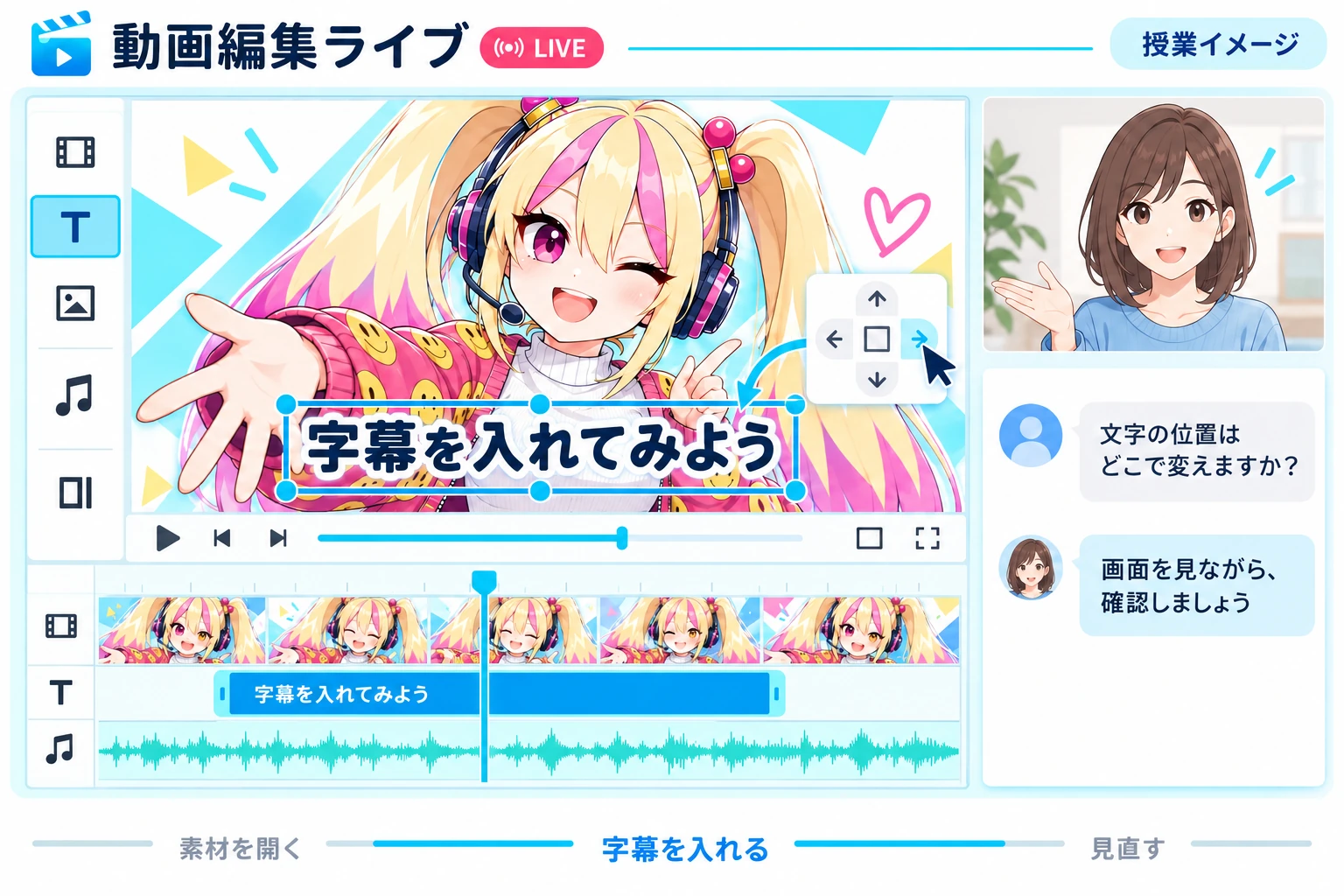 字幕を入れる操作を講師が実演し、質問を確かめながら進むライブ授業のイメージ