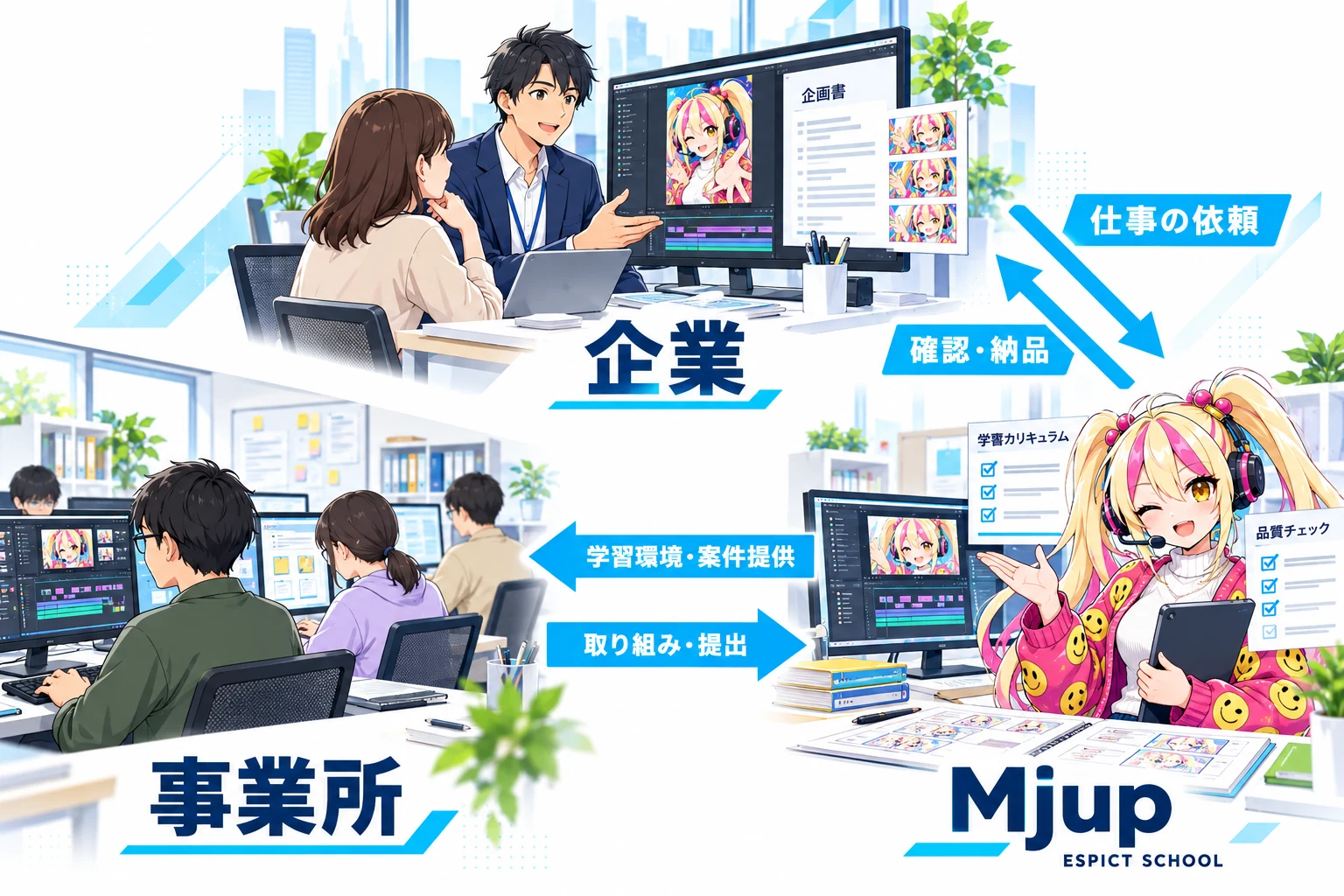 企業からMjupへ仕事を依頼。Mjupから事業所へ学習環境と案件を提供し、事業所から取り組みを提出。確認・納品を経て企業へ届ける関係図