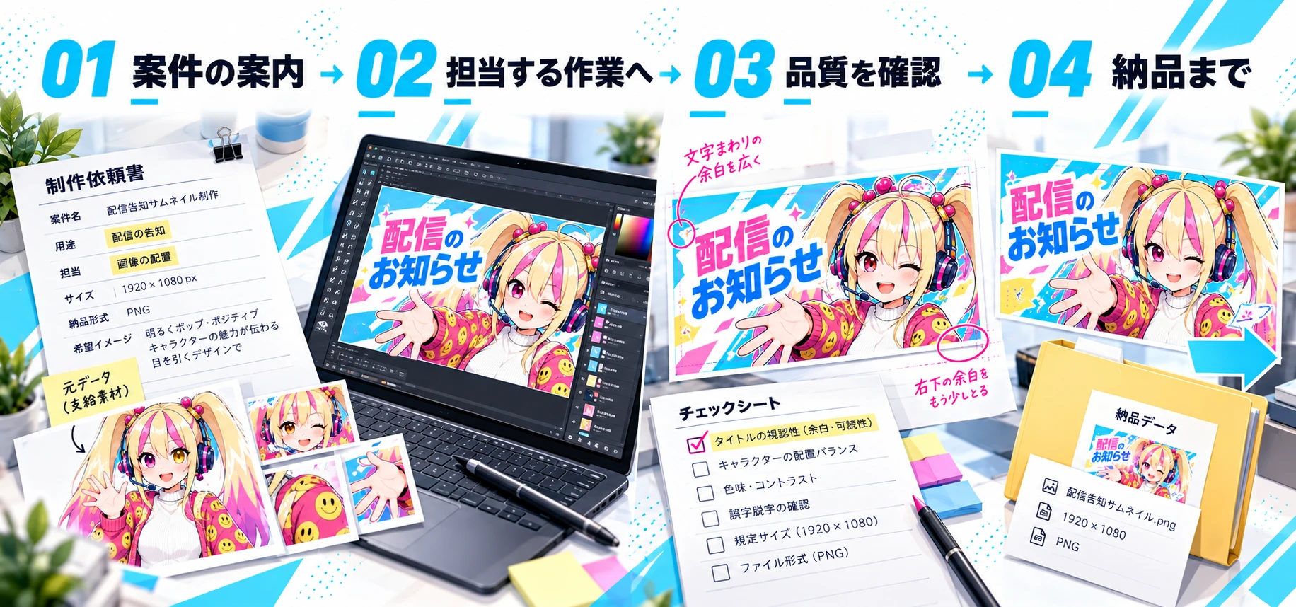 配信告知の画像制作を例に、案件の案内、担当する作業、品質確認、納品へ進む4段階のイメージ
