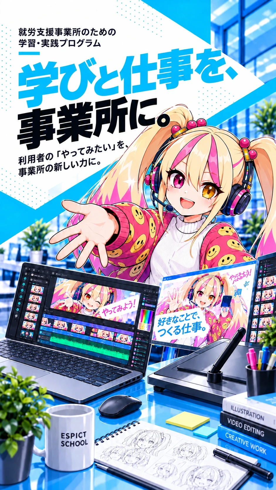 じゃっぷちゃんと、動画編集・画像制作のイメージ。つくる。届ける。つながる。