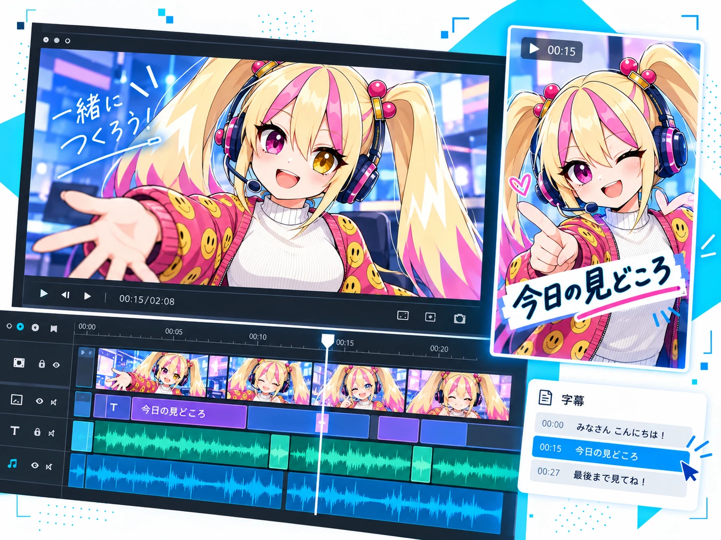 じゃっぷちゃんの素材に字幕を付け、縦動画へ編集する制作イメージ