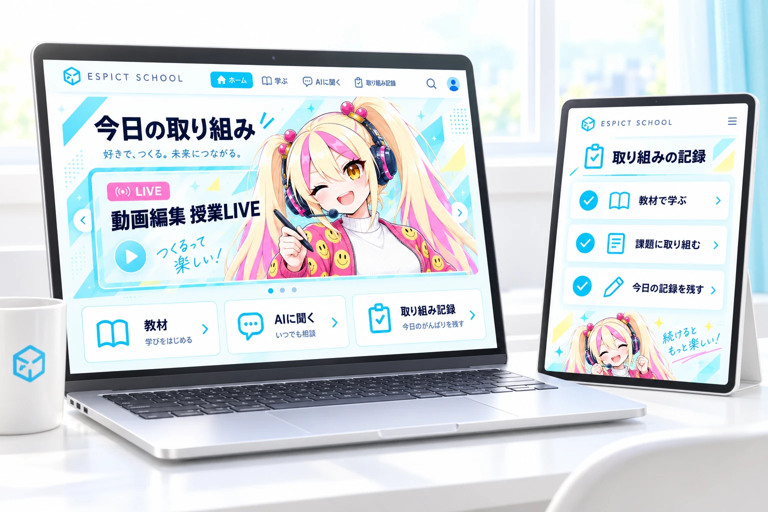 自宅で教材やAIを使い、今日の取り組みを記録する環境のイメージ