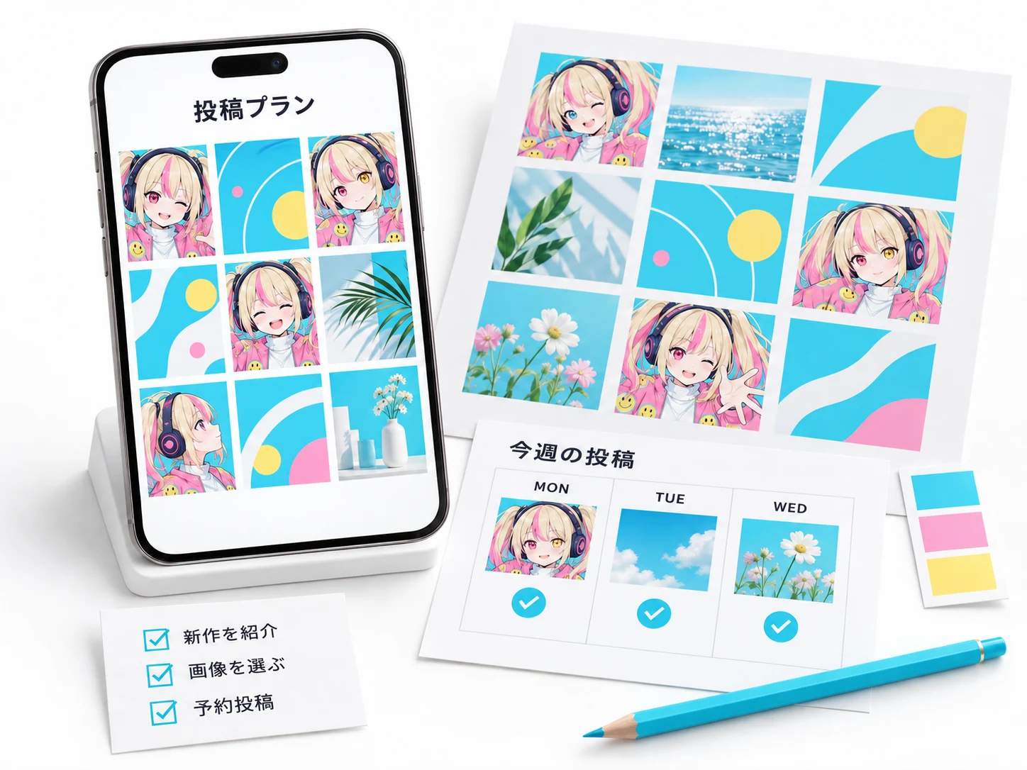 じゃっぷちゃんの投稿画像を並べたスマートフォンと、投稿カレンダー・文章案でSNS発信を計画する制作イメージ