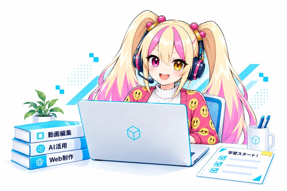 パソコンと教材を準備し、学習を始めるじゃっぷちゃんのイメージ