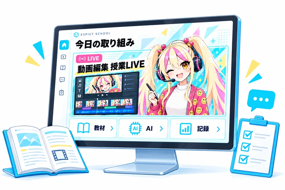教材・AI・記録を体験する、エスピクトスクールのアプリ紹介イメージ