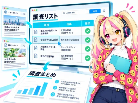 調べた情報の出典を確認し、一覧表や資料にまとめる作業イメージ
