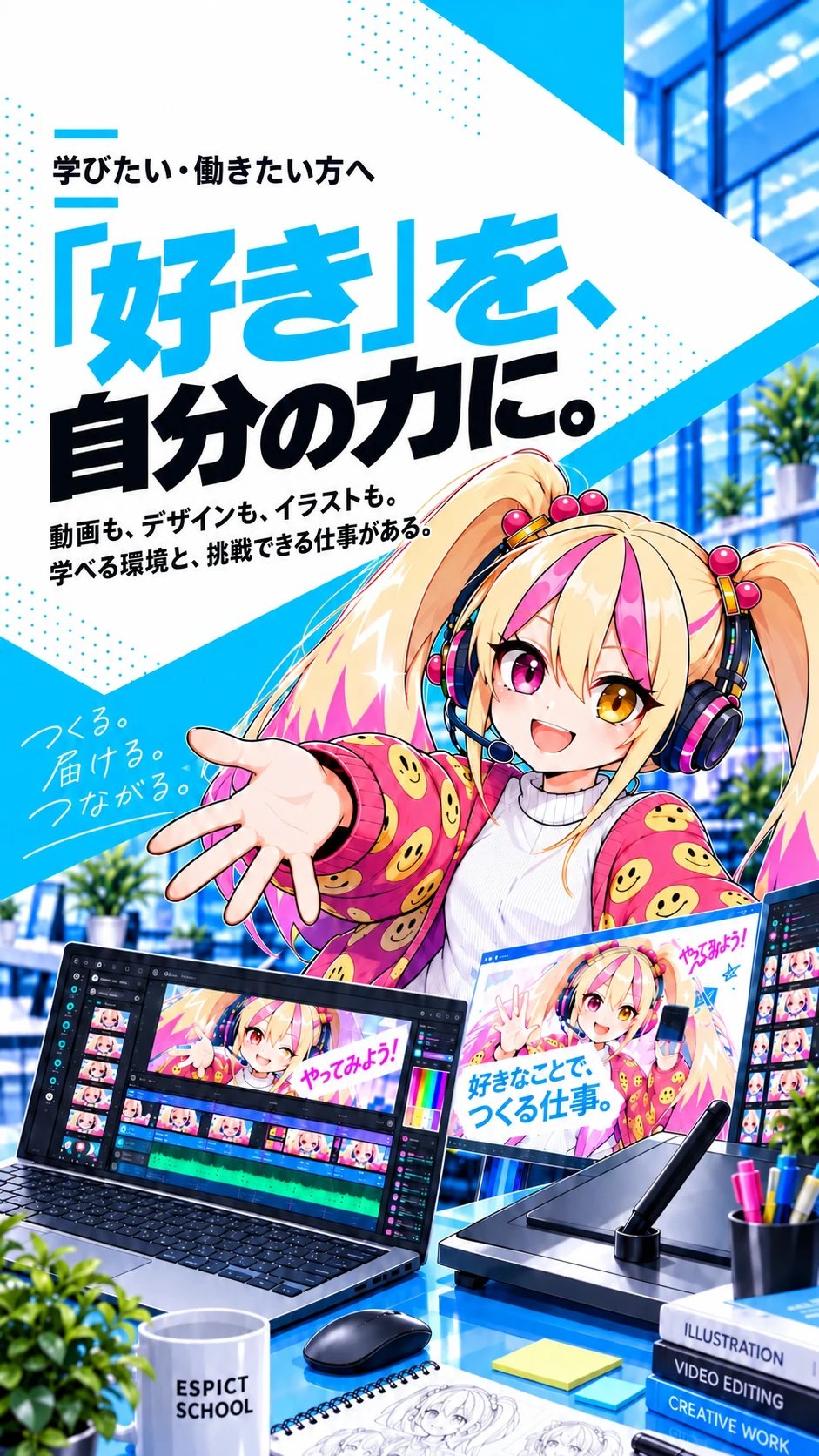エスピクトスクール。学びたい・働きたい方へ。「好き」を、自分の力に。じゃっぷちゃんと、動画編集・画像制作のイメージ。