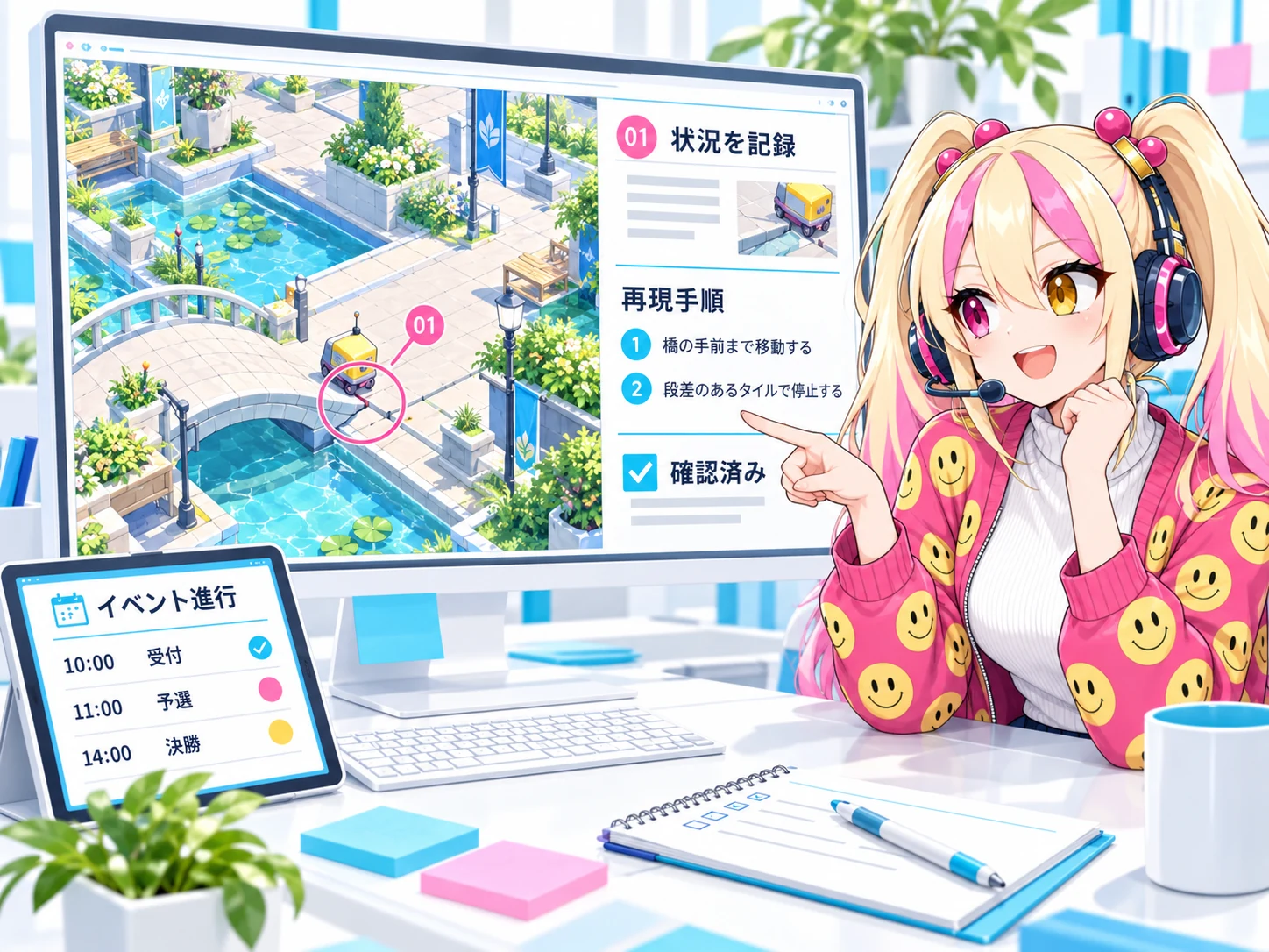 じゃっぷちゃんと、ゲーム内の不具合を記録する画面・再現手順・イベント進行表を確認する仕事イメージ