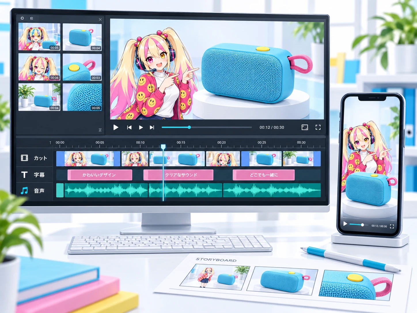 じゃっぷちゃんが紹介する商品動画のカット・字幕・音声を編集し、スマートフォン向けの縦動画にも仕上げる制作イメージ