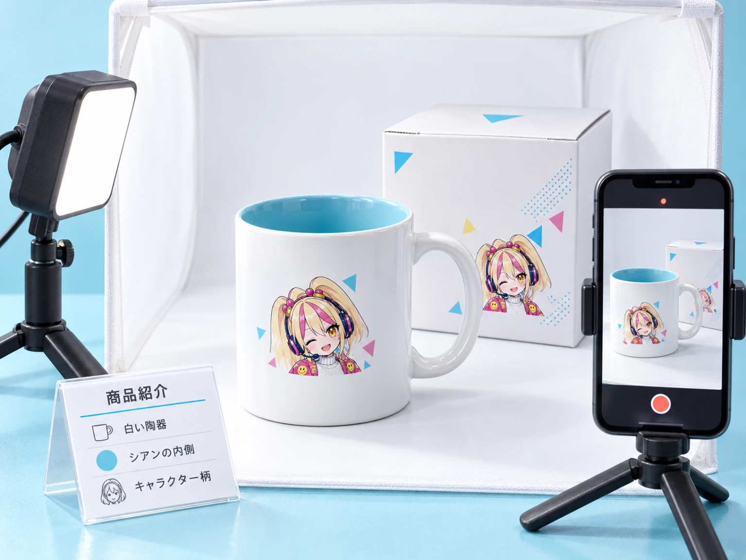 架空のキャラクターマグを撮影ブースとスマートフォンで撮影し、商品紹介に使う画像・動画を作る仕事イメージ