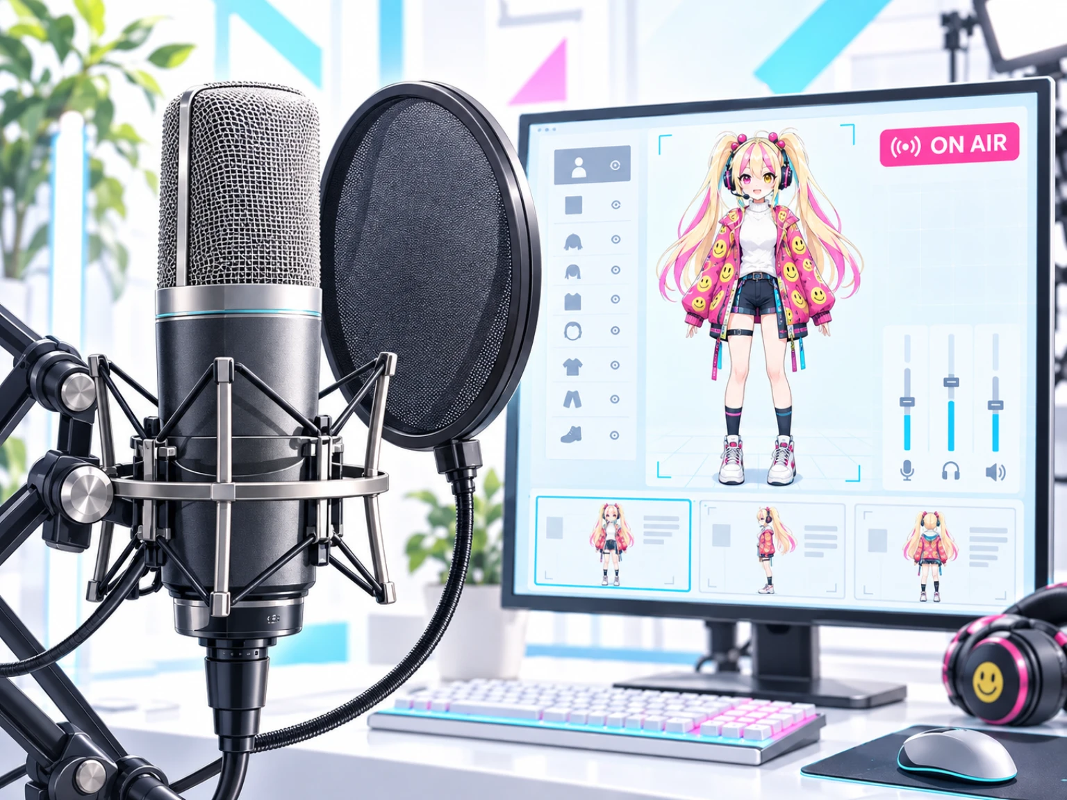 マイクと音声調整、じゃっぷちゃんの2Dアバターや素材を準備する配信サポートの制作イメージ