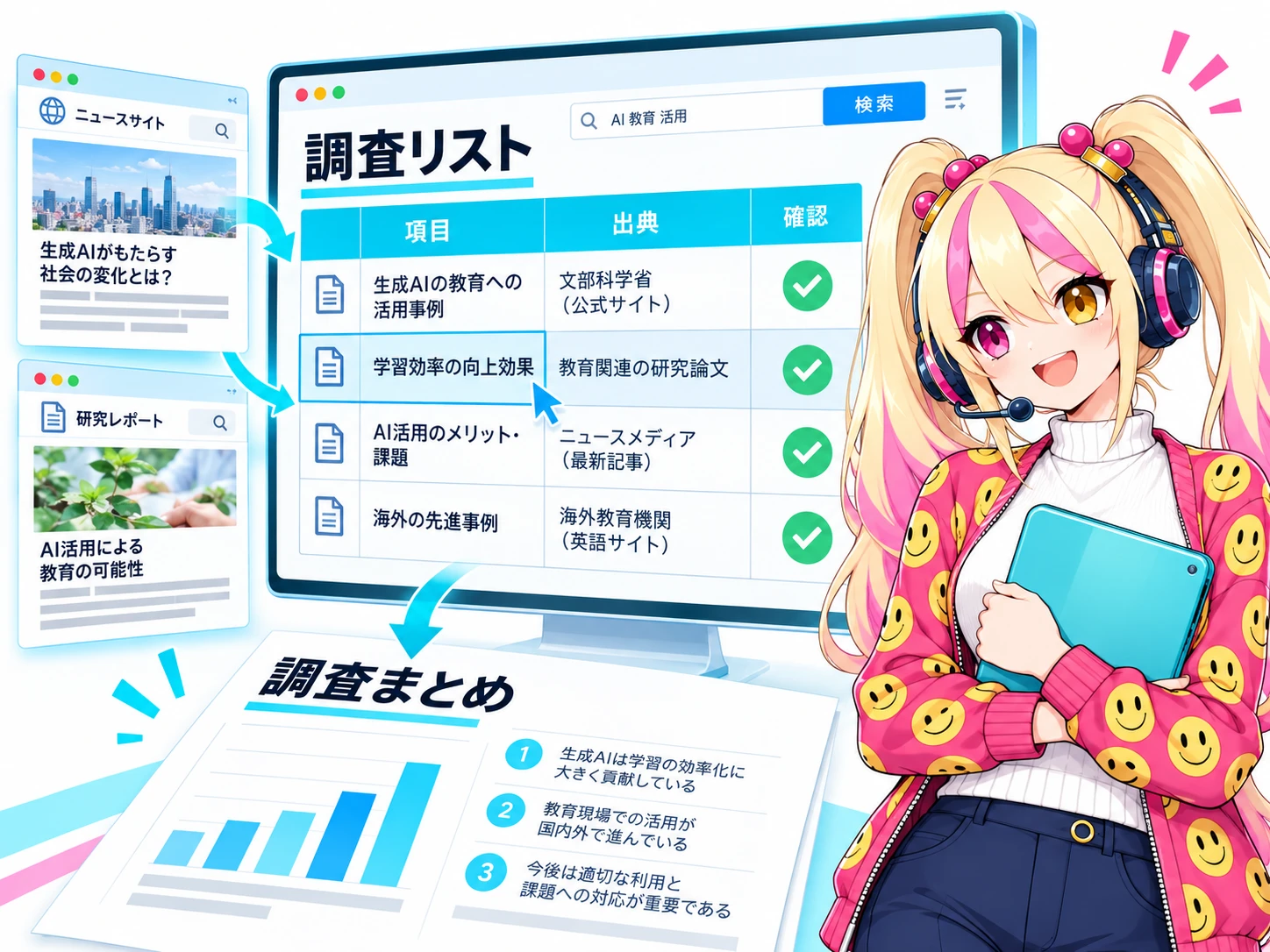 じゃっぷちゃんと、出典を確かめて調査リストに整理し、まとめの資料へ仕上げる情報整理の仕事イメージ
